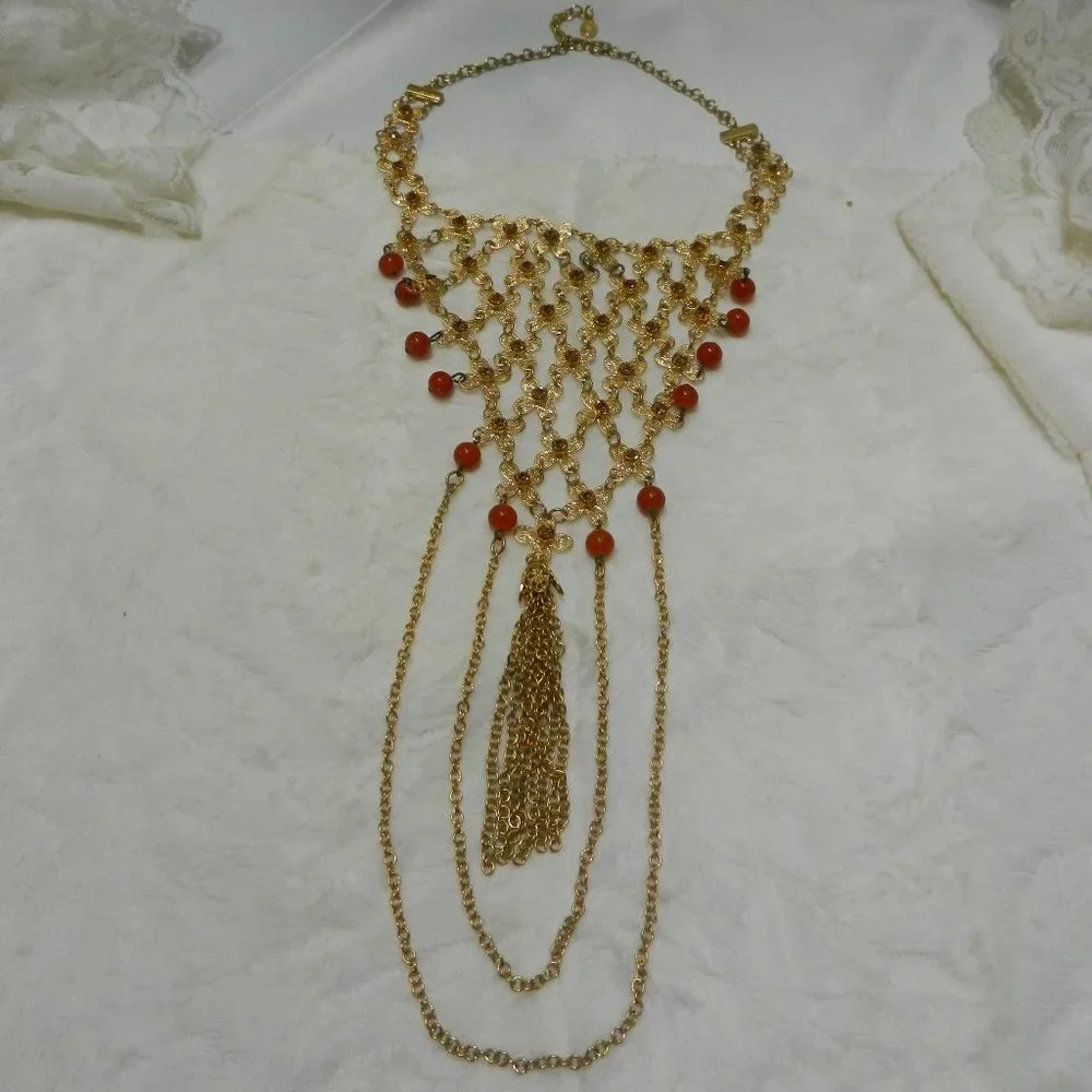 VTG cascading gold bib necklace Call Me Cleo statement boho gold tone jasper lux